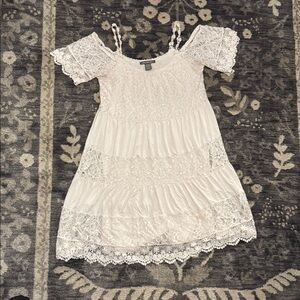 Kate & Mallory White Lace Swingy Off the Shoulder Mini Dress